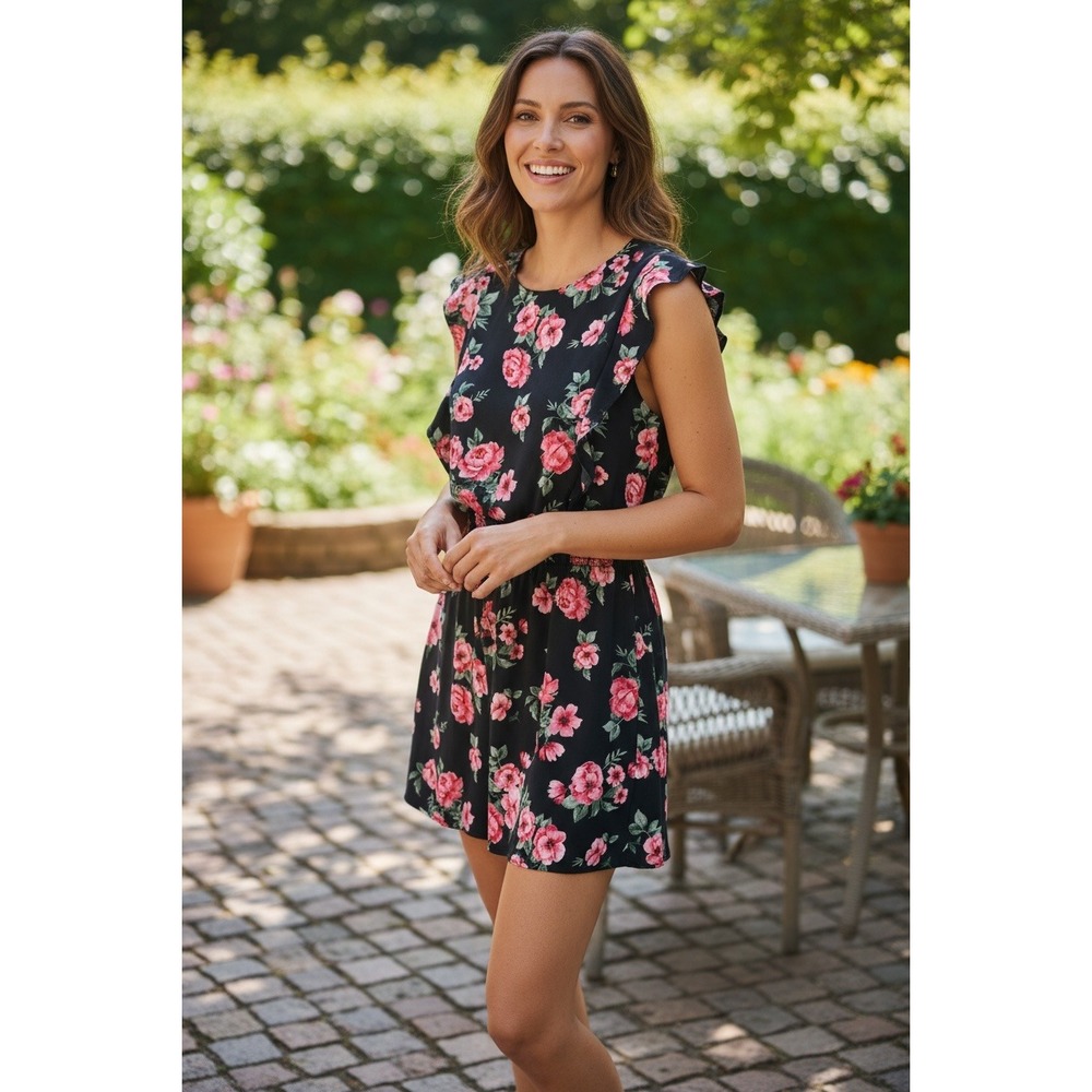Bongo Women's M Pink Floral Ruffle Sleeve Romper Black Smocked Waist Cutout Back